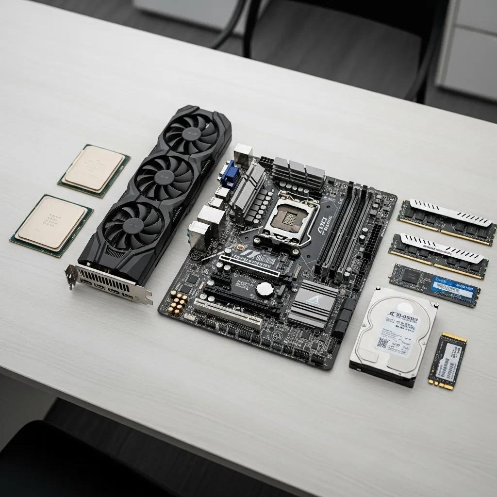 Essential PC components including CPU, GPU, motherboard, RAM, and storage drives on a table