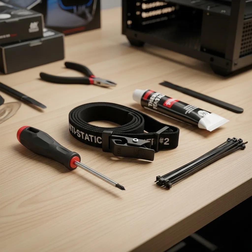 Essential tools for PC assembly including screwdriver, anti-static strap, and thermal paste on a workbench
