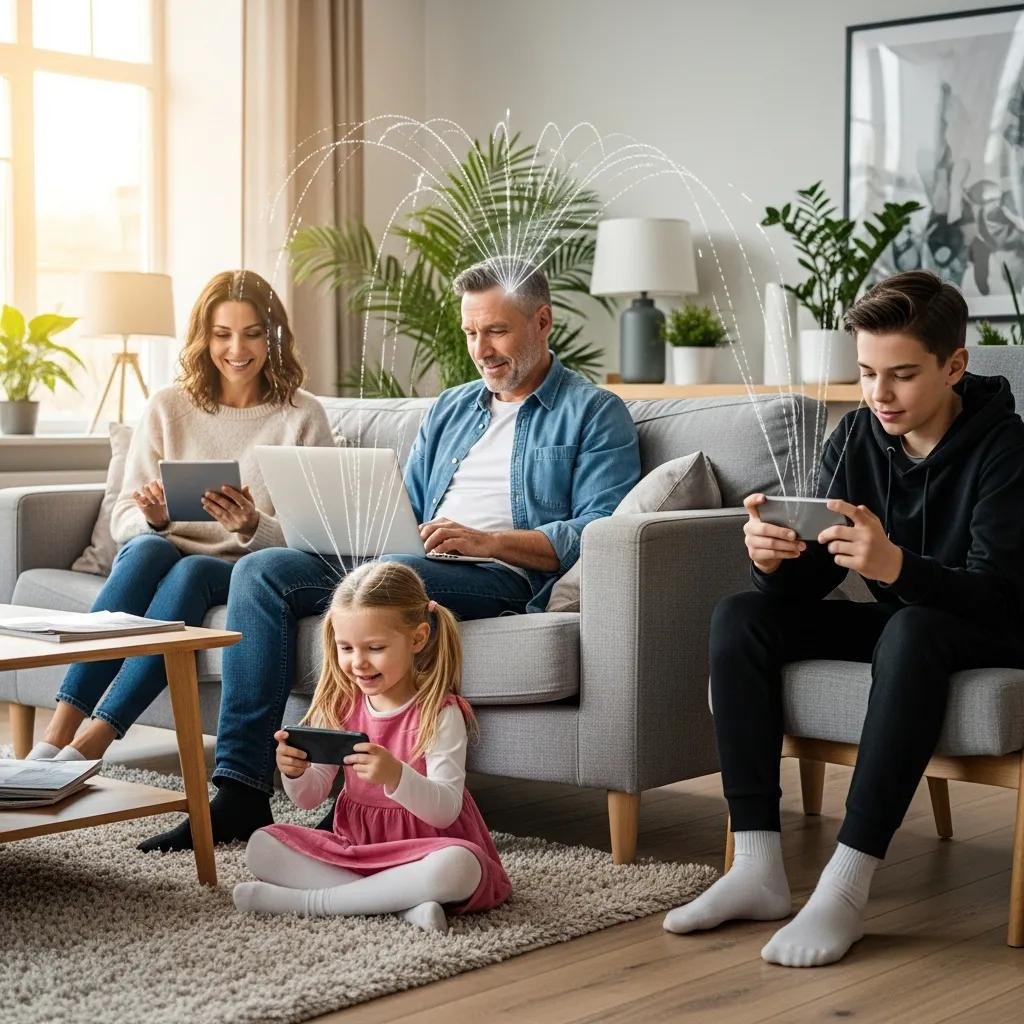 Family enjoying high-speed internet connectivity at home with multiple devices