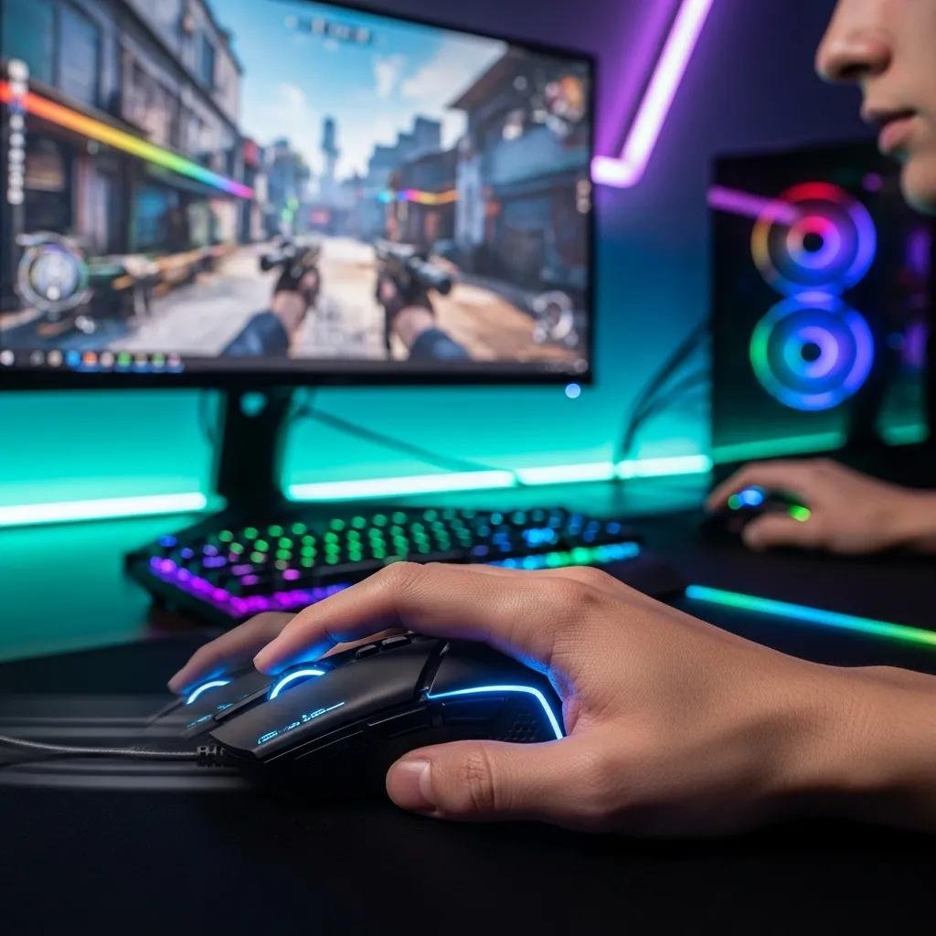 Gamer using a high-precision gaming mouse in a vibrant gaming setup, showcasing ergonomic design and customizable features
