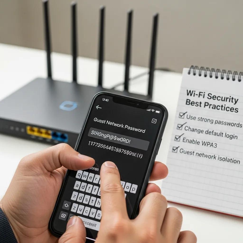 Hand entering a strong password on a smartphone for guest Wi-Fi setup