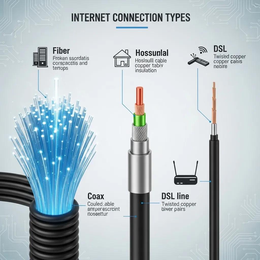 Illustration of various internet connection types including fiber, cable, and DSL