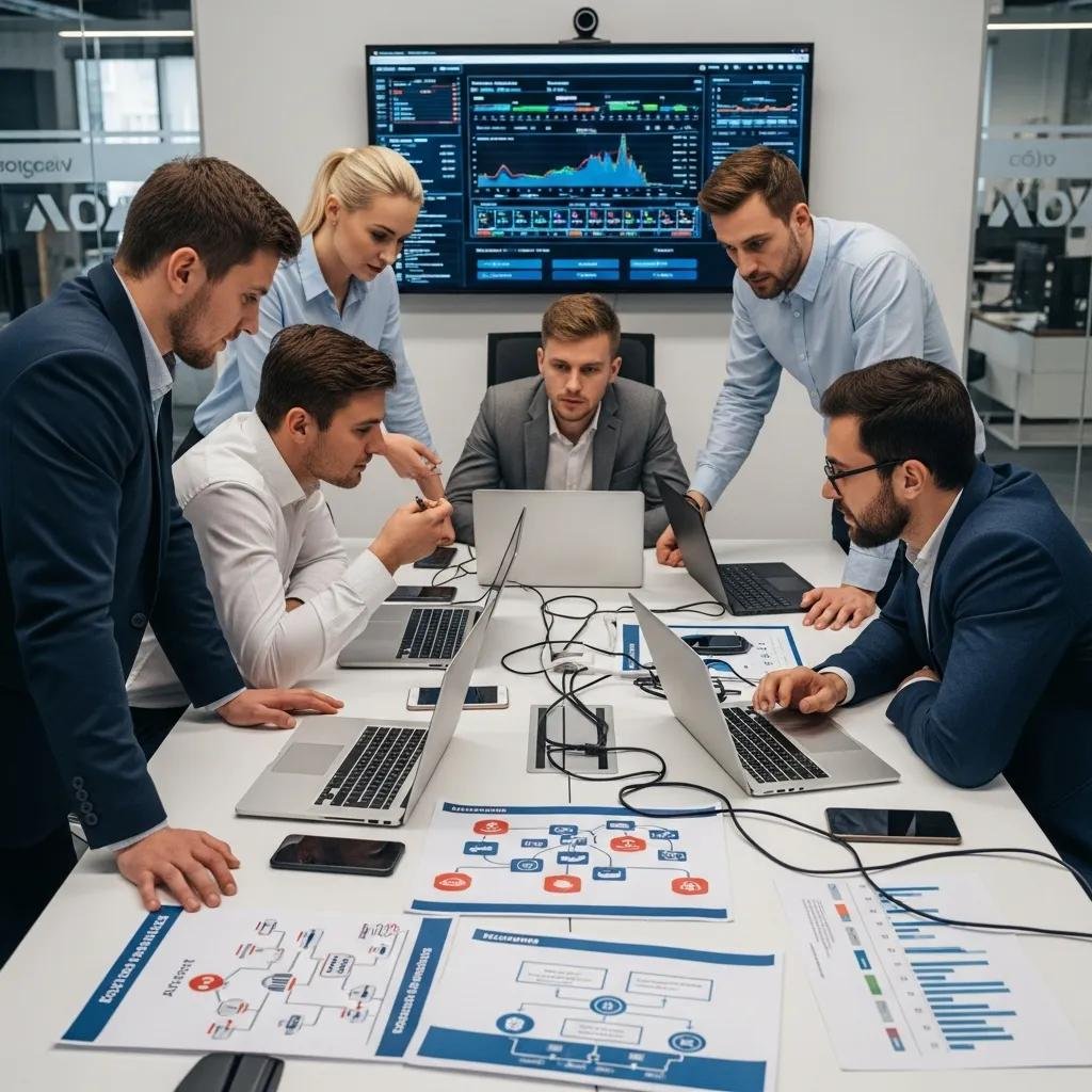 IT professionals collaborating on ransomware incident response strategies in a modern office