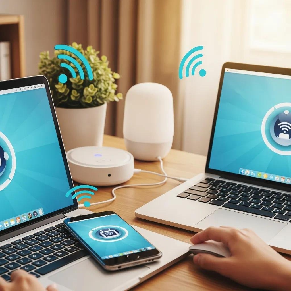 Modern home office with devices illustrating internet connectivity