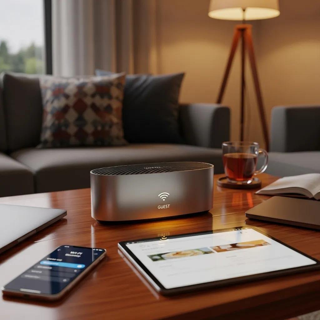 Modern router with guest Wi-Fi indicator in a cozy home setting