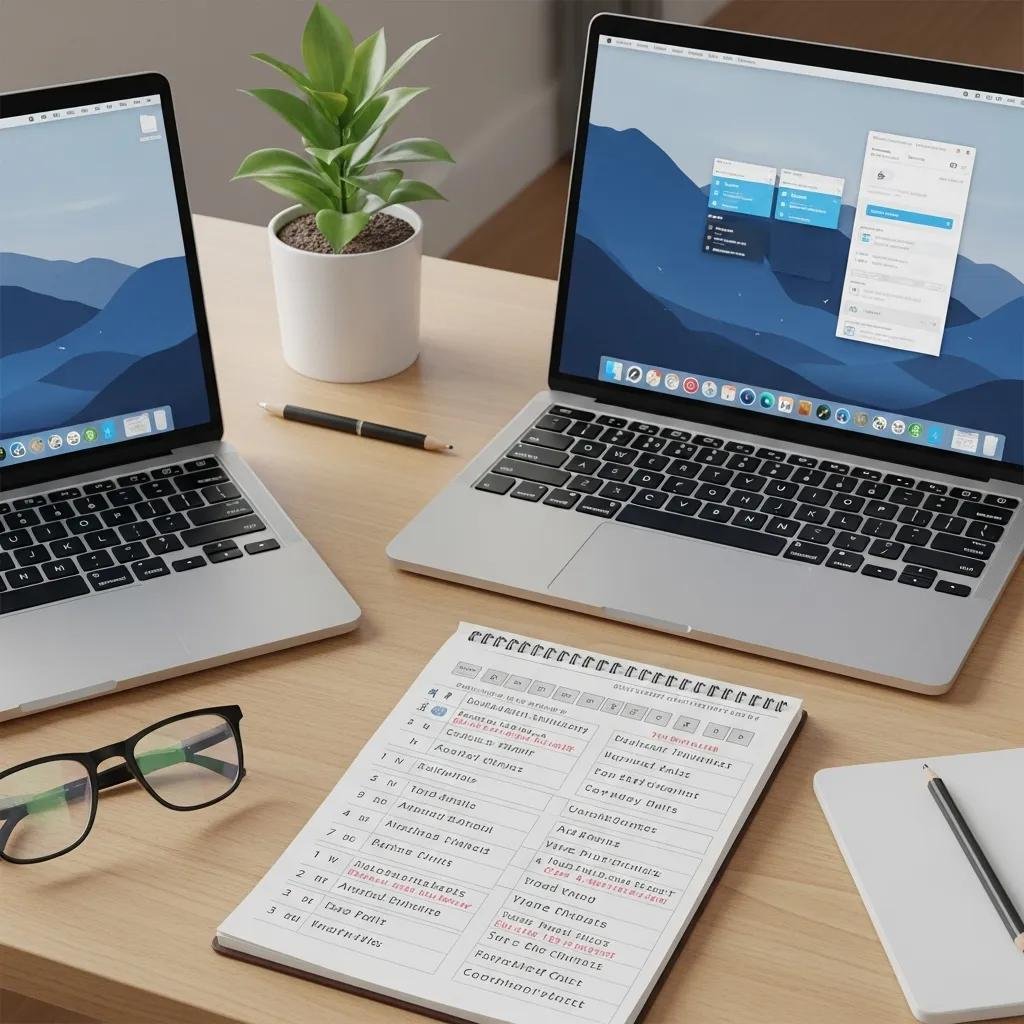 Modern workspace with a laptop and keyboard shortcuts notepad, emphasizing productivity and efficiency