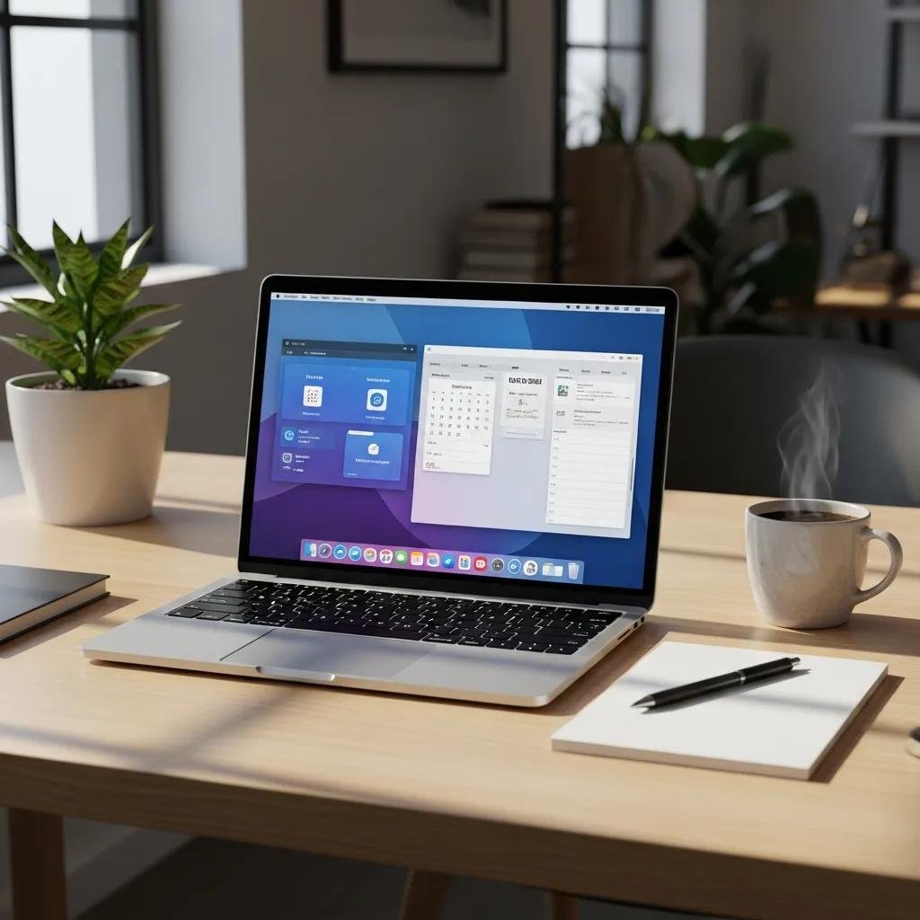 Modern workspace with a laptop, notepad, and coffee, highlighting computer usability and productivity