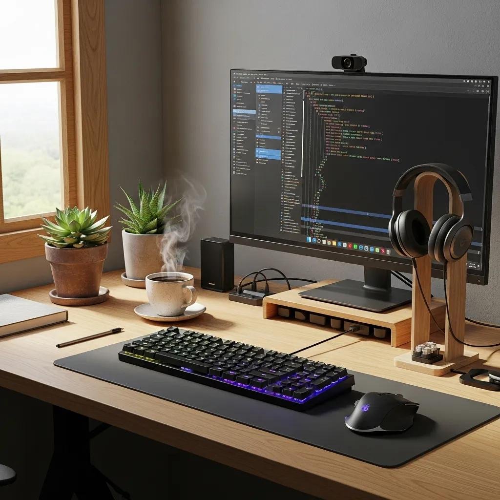 Modern workspace with essential computer peripherals including a mechanical keyboard, ergonomic mouse, high-resolution monitor, and headset