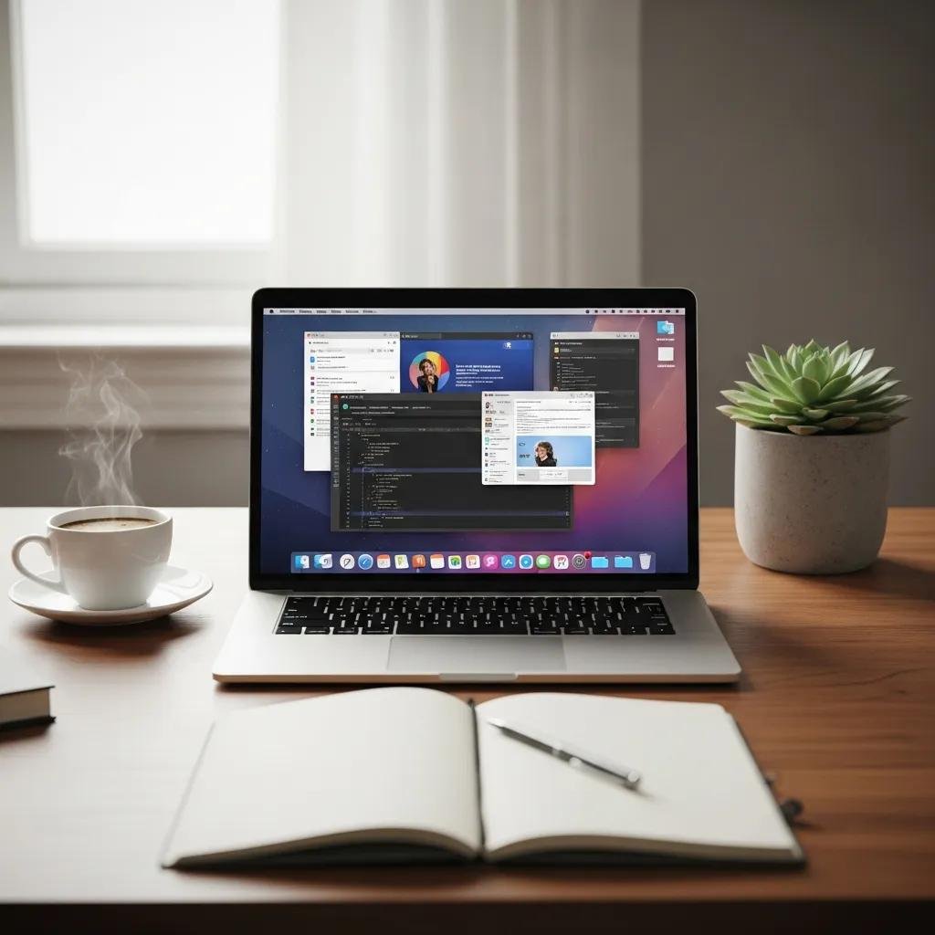 Modern workspace featuring a MacBook displaying macOS Mission Control for multitasking, with a steaming coffee cup, an open notebook, and a succulent plant on a wooden desk.