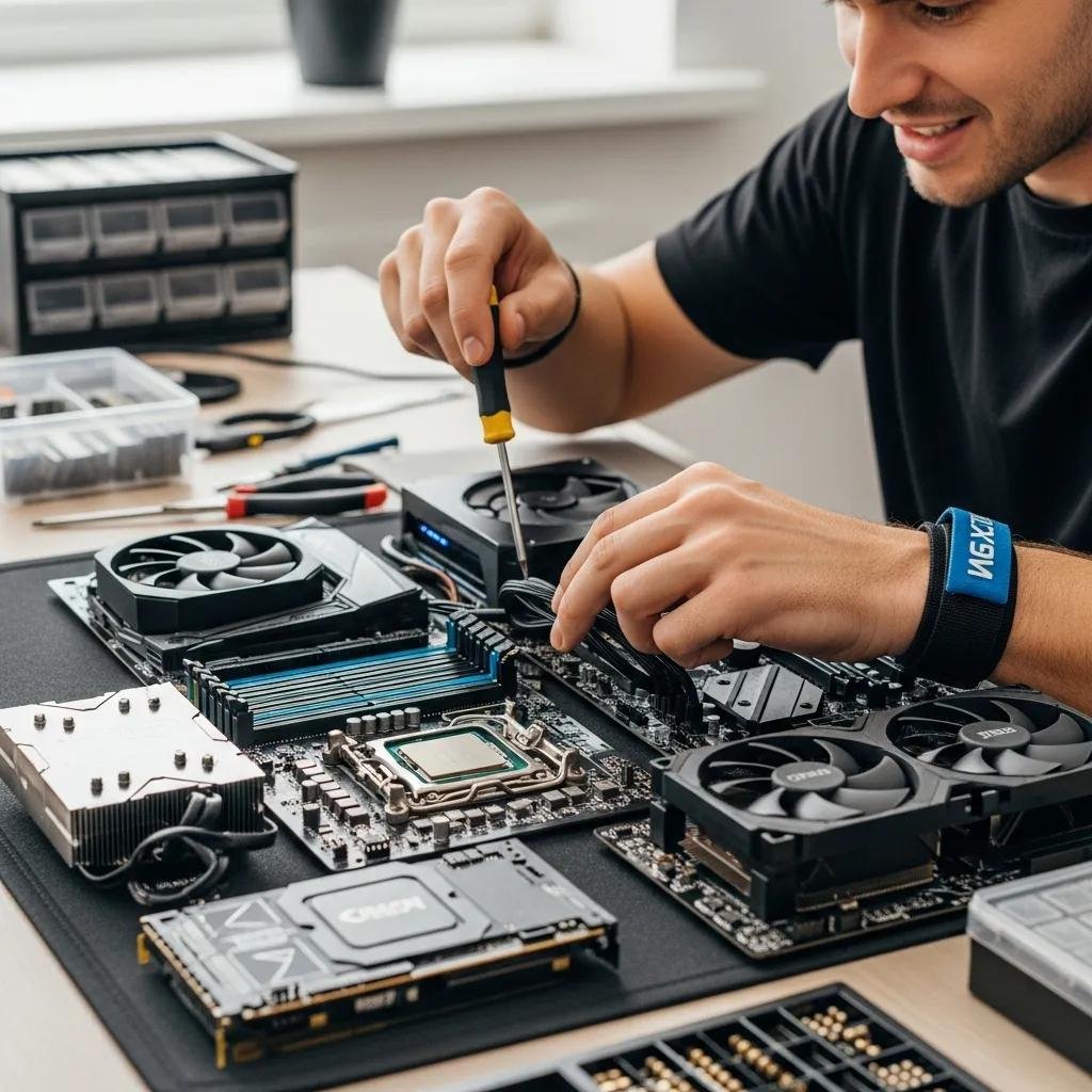 Person assembling a custom PC with various components on a clean workspace