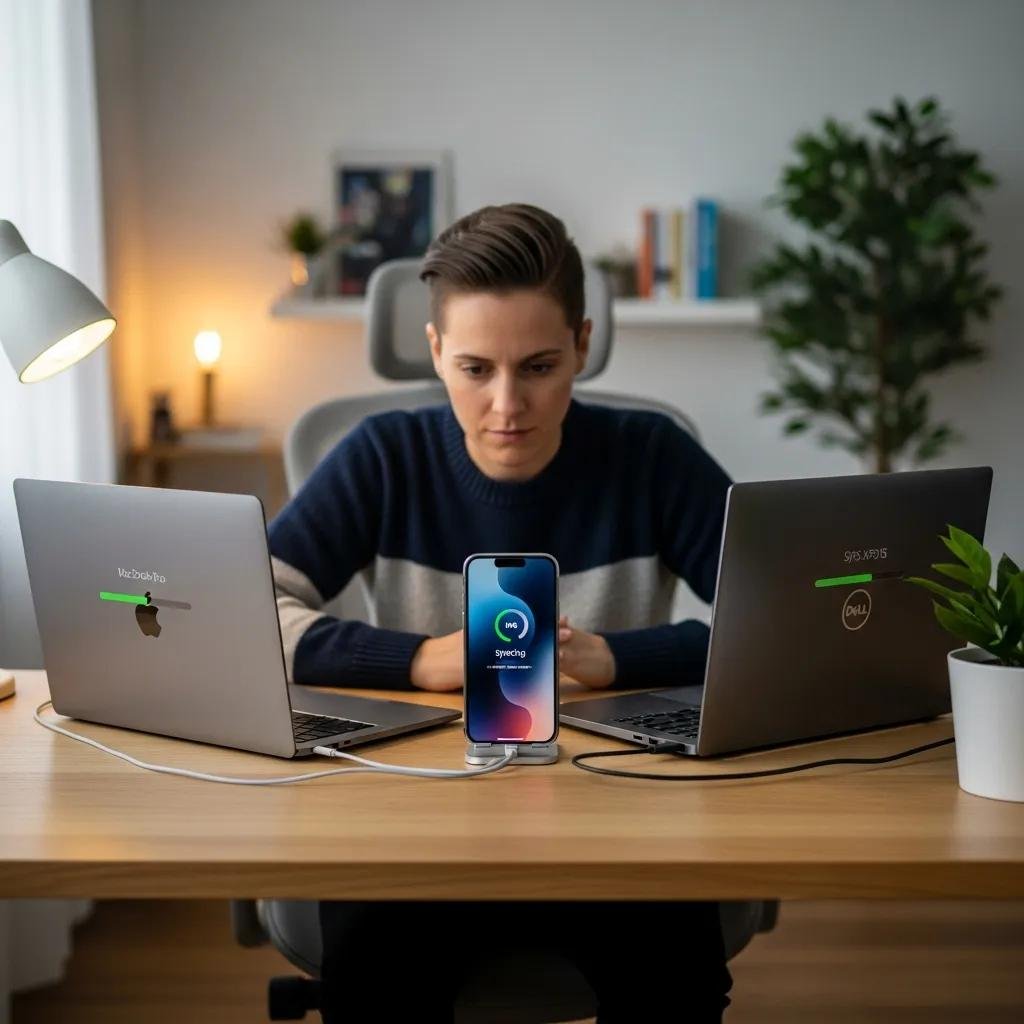 Person syncing iPhone with MacBook Pro and Windows laptop in modern workspace, demonstrating tech support for device connectivity.