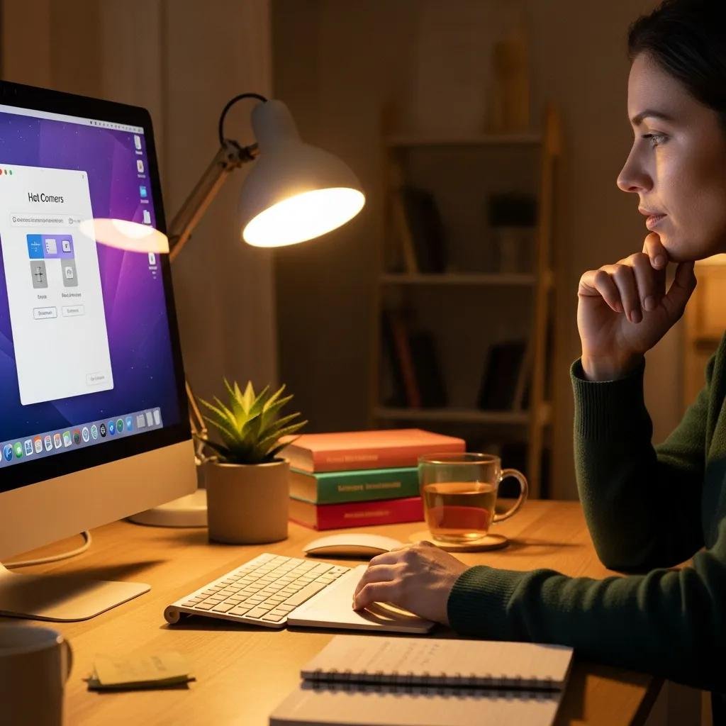 Person troubleshooting Mac Hot Corners settings in a cozy home office