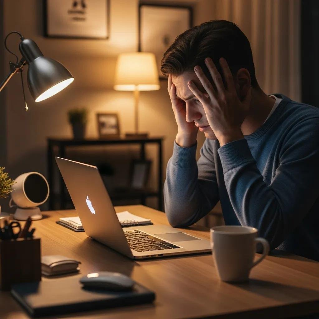 Person troubleshooting macOS update issues in a cozy home office