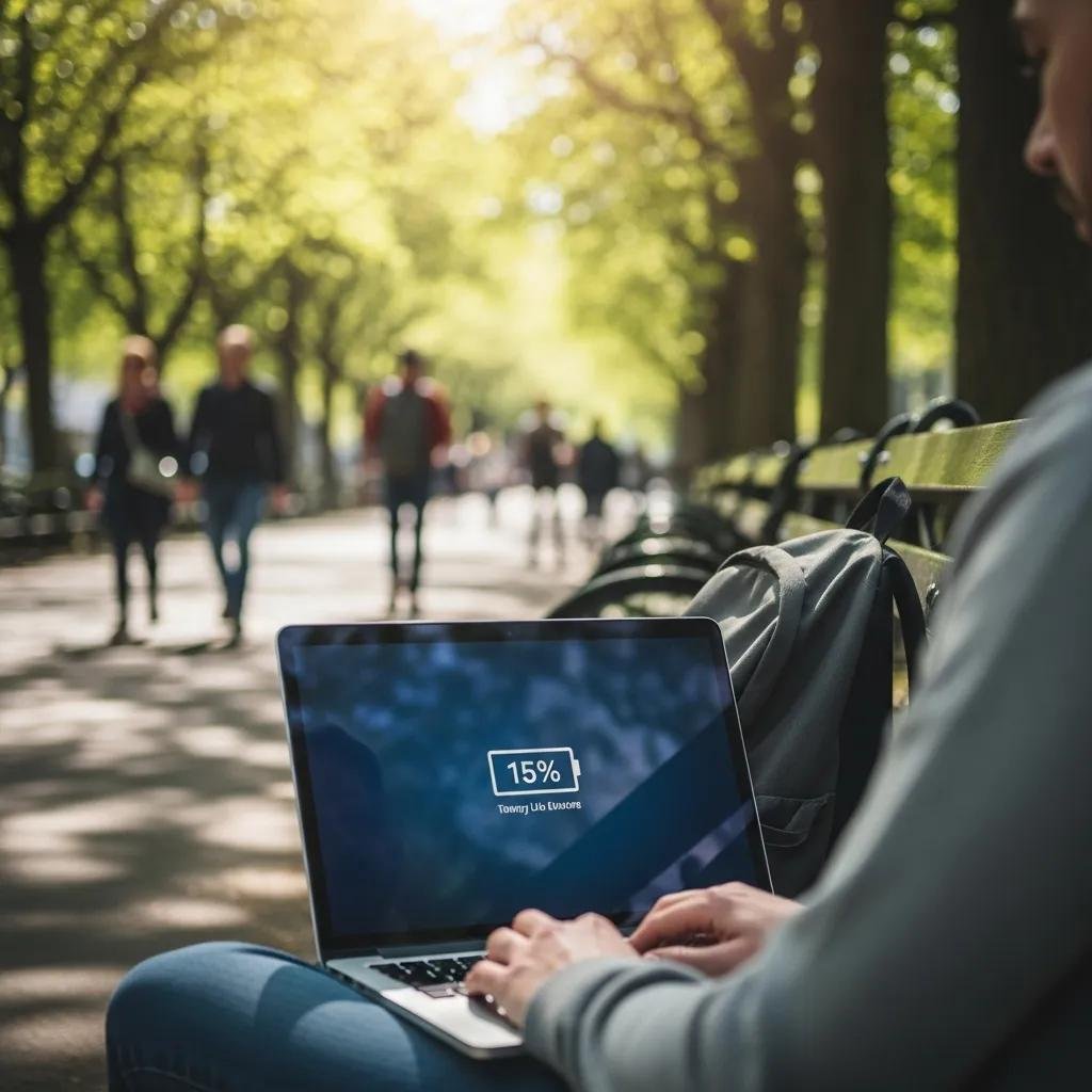 Person using a laptop in a park, highlighting the importance of battery life for portable use