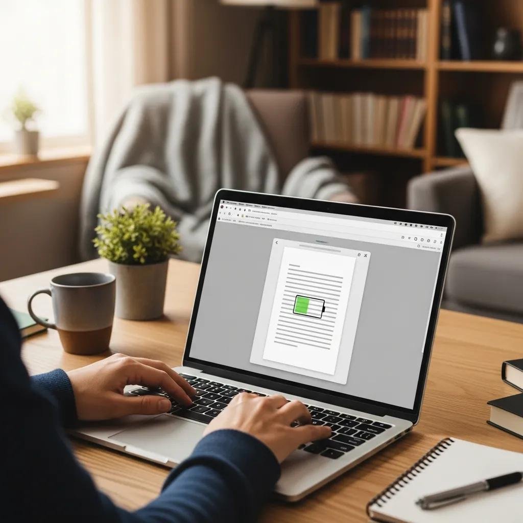 Person using a laptop with a healthy battery indicator in a cozy workspace, emphasizing productivity and laptop maintenance tips.