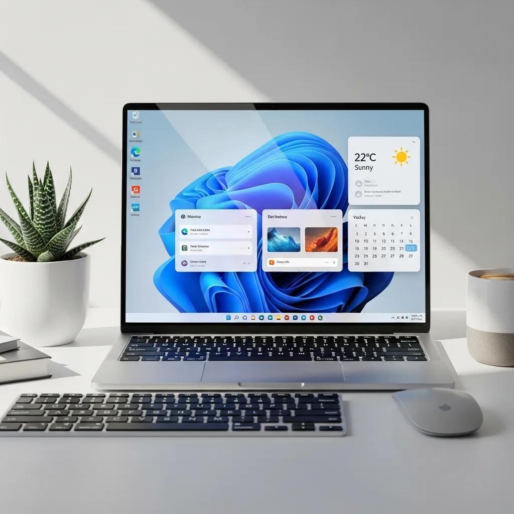 Personalized Windows 11 desktop featuring dynamic wallpaper, widgets, and modern interface on a laptop with a minimalist workspace setting.