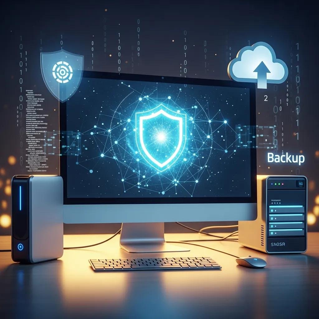 Secure digital environment with a computer and shield icon, representing ransomware prevention strategies