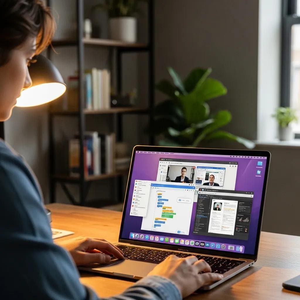 User managing multiple Spaces on MacBook for organized multitasking