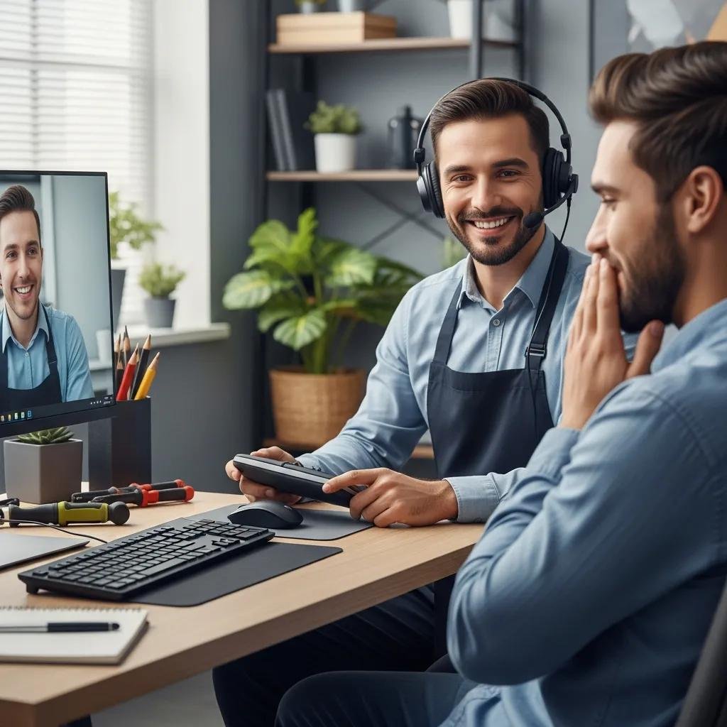 User receiving remote technical support for their PC with a technician on a video call