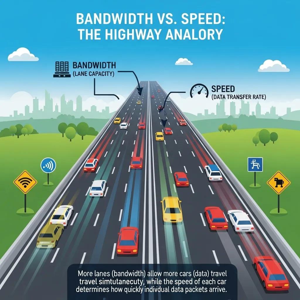 Visual representation of bandwidth and speed using a highway analogy