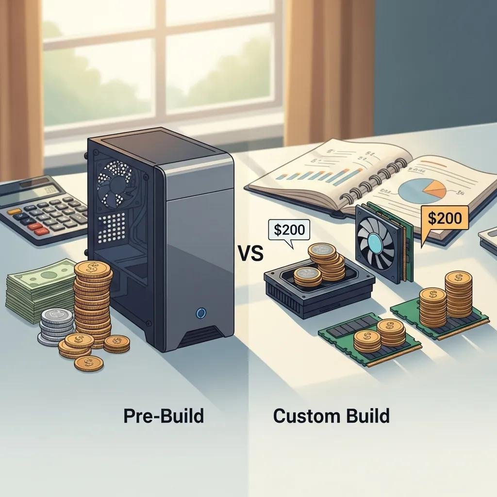 Visual representation of cost comparison between pre-built and custom PCs with components and budgeting tools