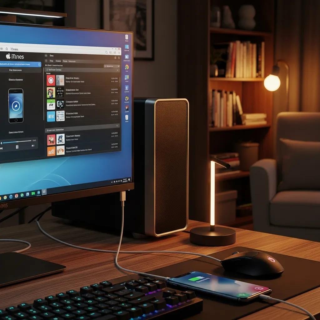 Windows PC with iTunes open, syncing iPhone via USB