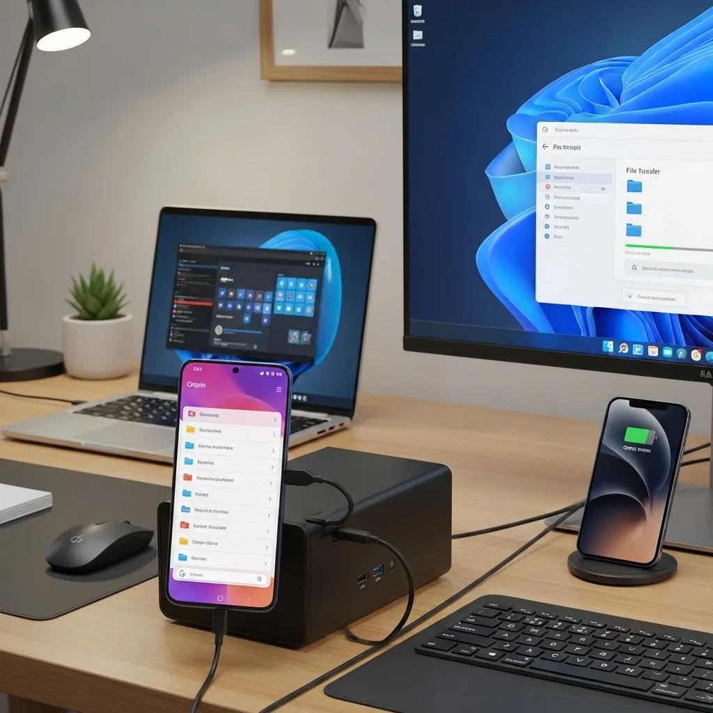 Android phone connected to Windows PC via USB cable, illustrating seamless technology interaction