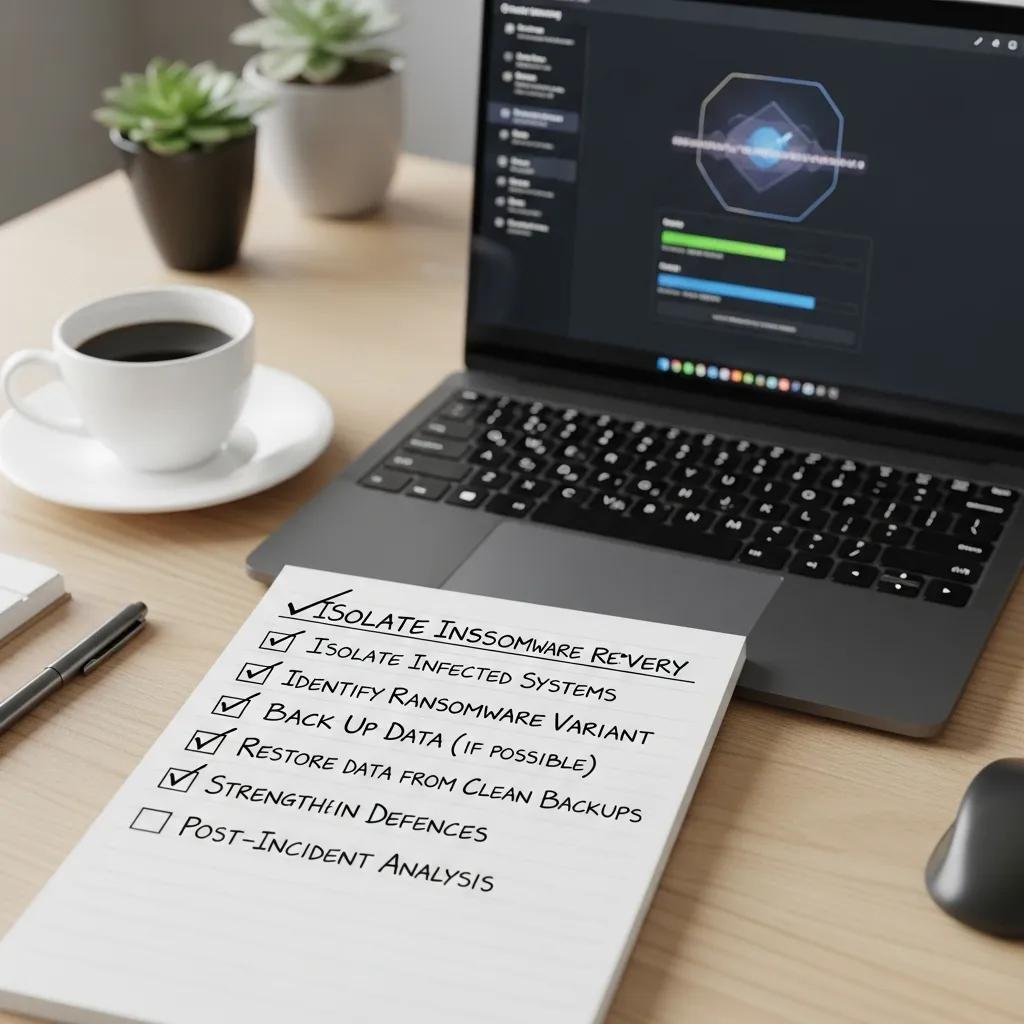 Checklist of ransomware recovery steps on a workspace, emphasizing organization and professionalism