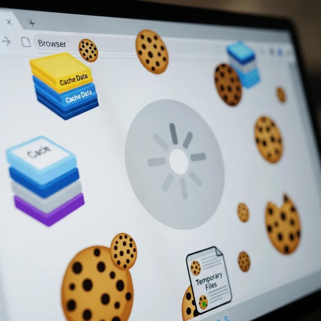 Close-up of a browser loading screen with visual metaphors for cache and cookies, highlighting their impact on speed
