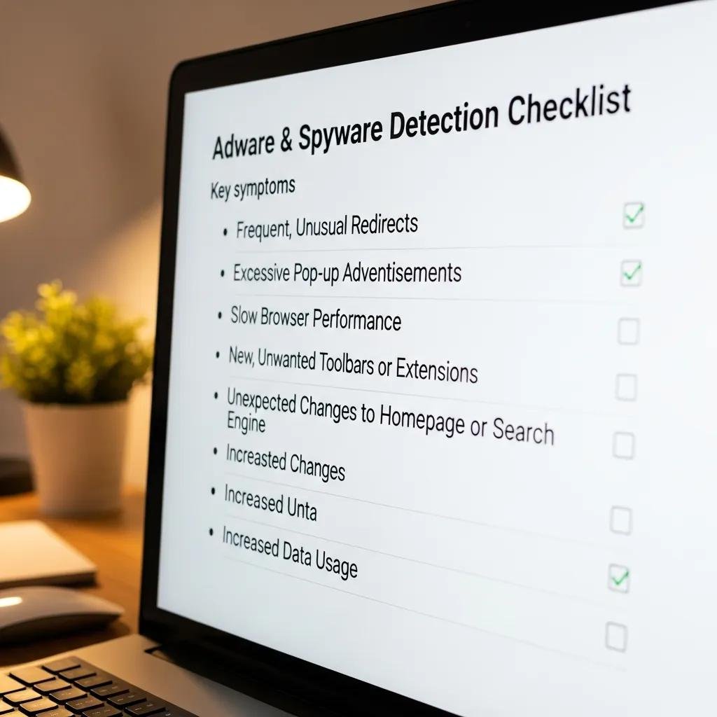 Close-up of a checklist for detecting adware and spyware on a computer screen, highlighting key symptoms