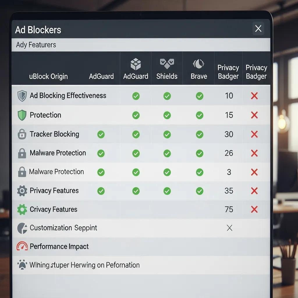 Close-up of a computer screen comparing various ad blockers and their privacy features