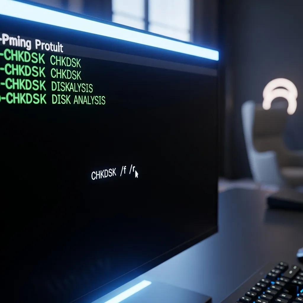 Close-up of a computer screen showing CHKDSK commands in Command Prompt