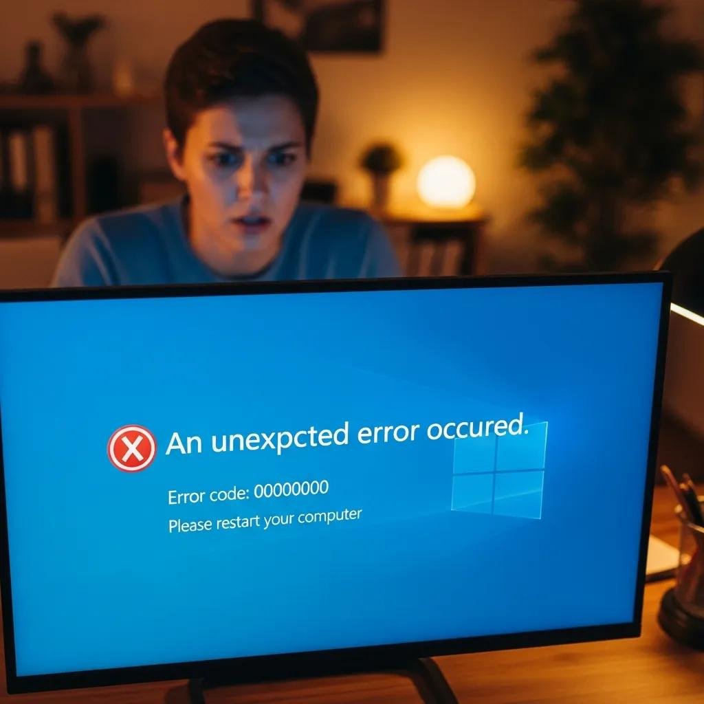 Close-up of a computer screen with a Windows error message in a home office