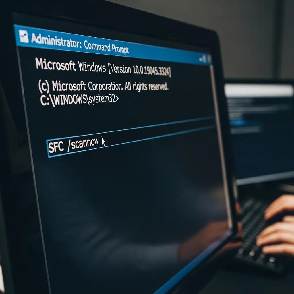 Close-up of a computer screen with the SFC command in an elevated Command Prompt