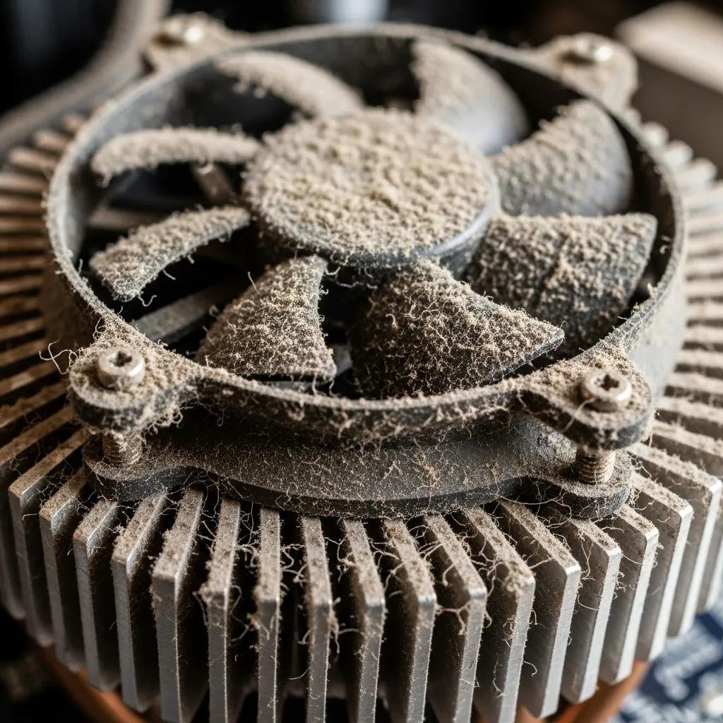 Close-up of a dusty computer fan and heat sink, demonstrating the impact of dust on overheating