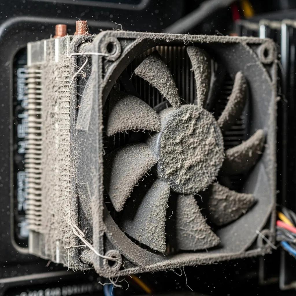 Close-up of a dusty computer fan illustrating causes of overheating