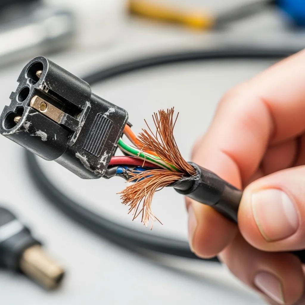 Close-up of a hand inspecting a damaged power cable for frays and defects