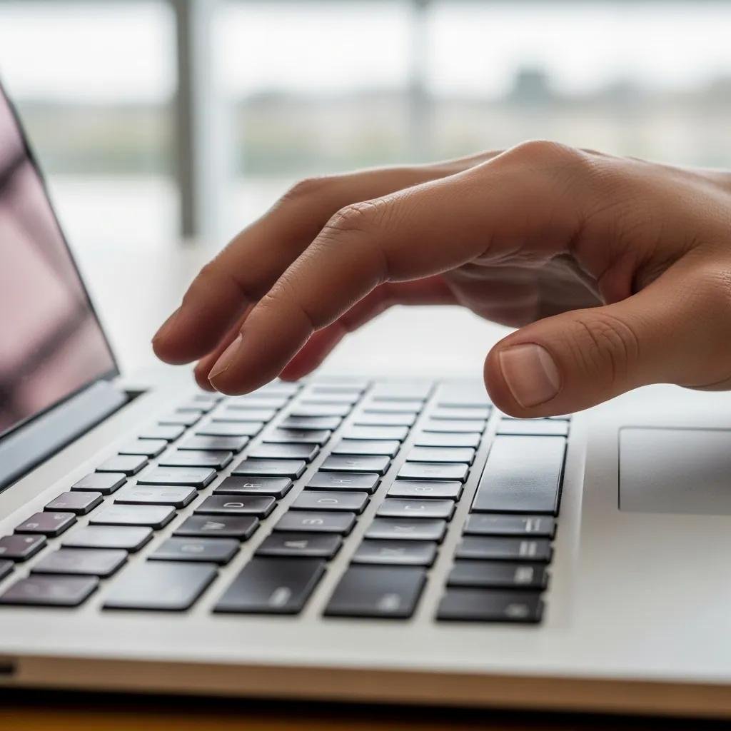 Close-up of a hand over a MacBook keyboard, preparing to reset a password