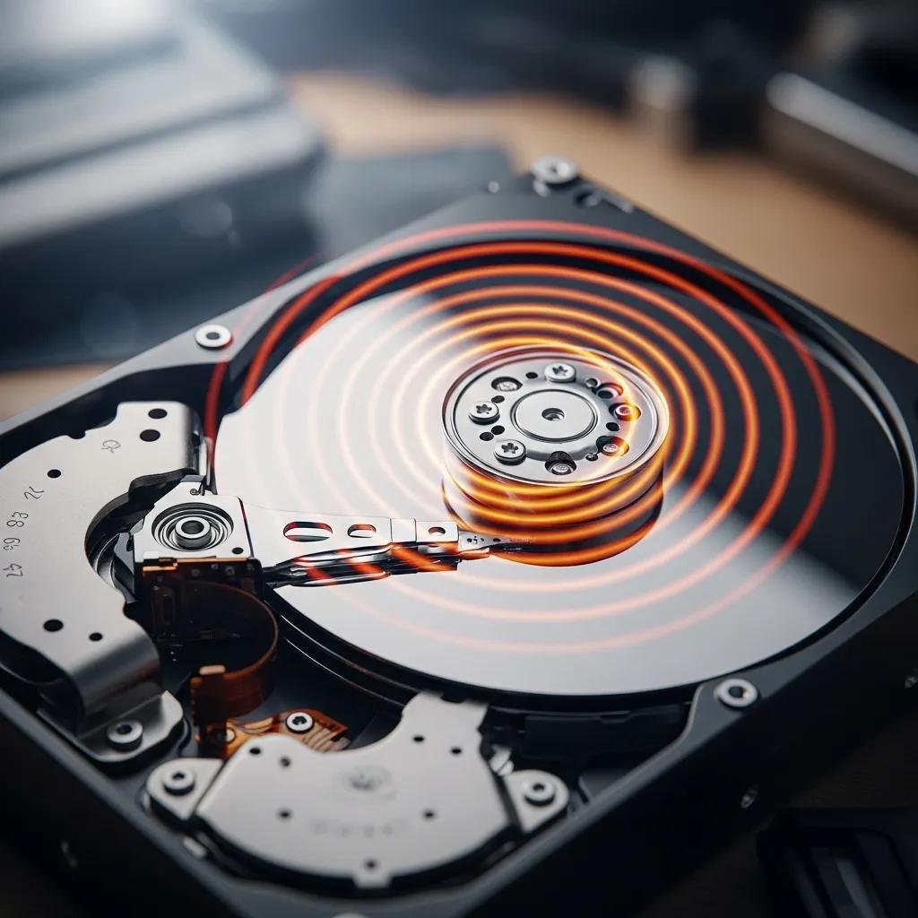 Close-up of a hard drive with sound waves illustrating audible noises indicating issues