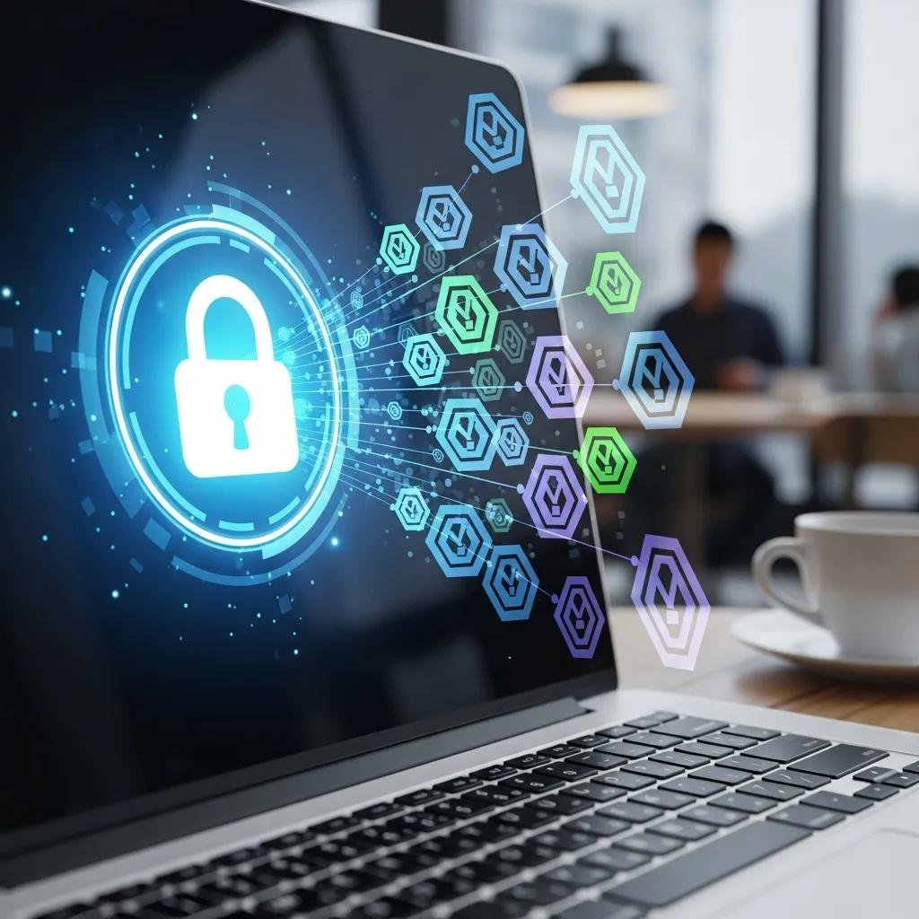 Close-up of a laptop screen with a digital lock symbol representing VPN encryption in public Wi-Fi