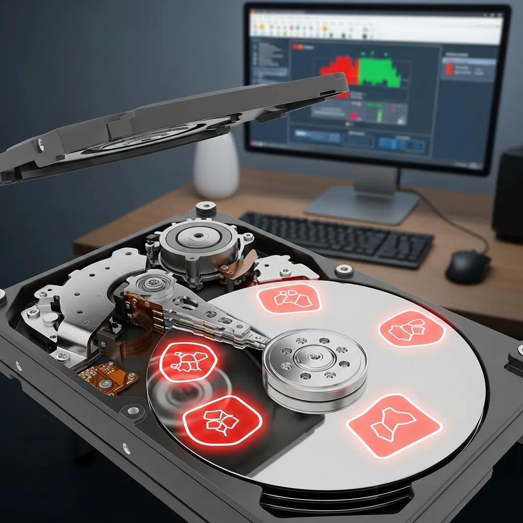 Close-up of a mechanical hard drive highlighting fragmentation effects