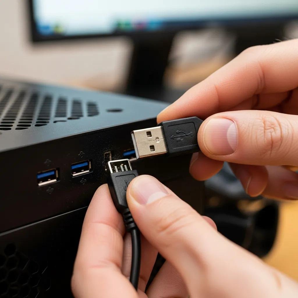 Close-up of a person inspecting USB ports and cables for physical connection issues