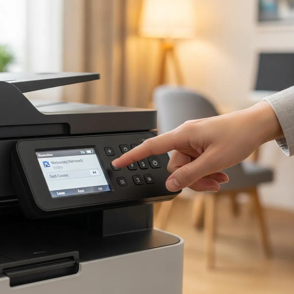Close-up of a wireless printer displaying network settings with a hand pointing at the screen