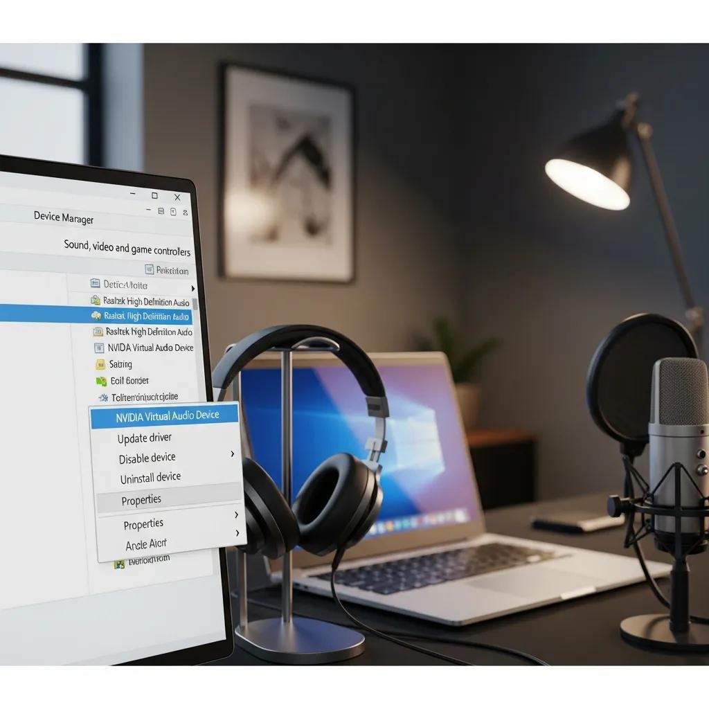 Close-up of Device Manager showing audio drivers in a modern workspace