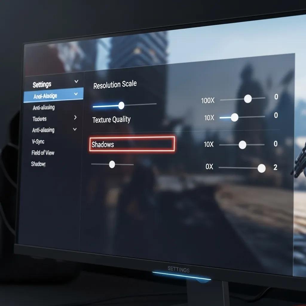 Close-up of gaming monitor showing in-game settings for optimizing FPS
