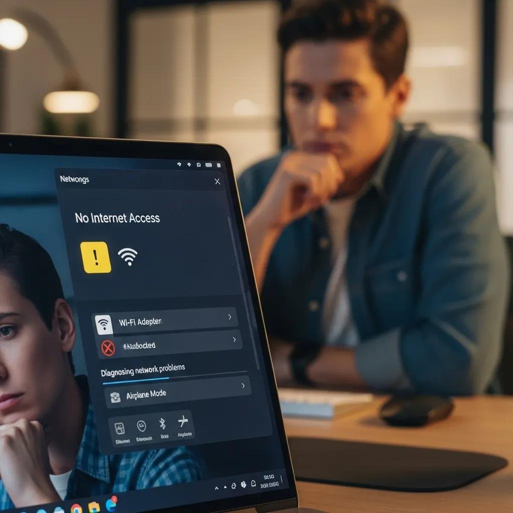 Close-up of laptop network settings with a concerned person in a modern workspace