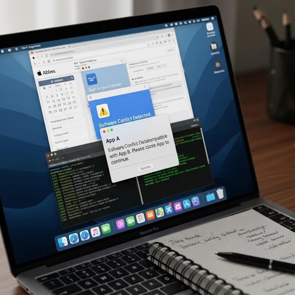 Close-up of Mac screen displaying multiple software applications indicating potential conflicts