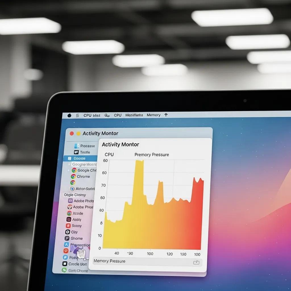 Close-up of MacBook Activity Monitor showing high CPU usage and memory pressure