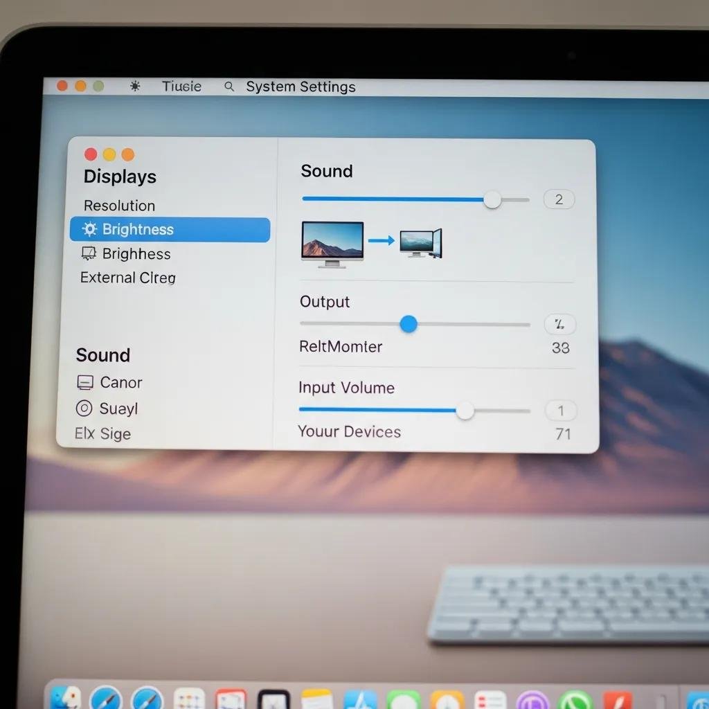 Close-up of MacBook screen displaying system preferences for display and sound settings