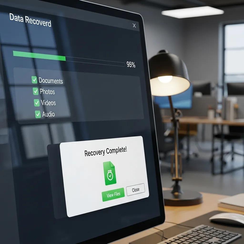 Close-up of recovery software displaying successful data recovery process